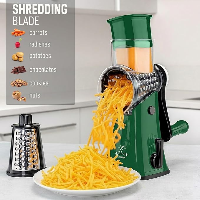 Zulay Kitchen Rotary Cheese Grater 5 Blade Cheese Shredder - Manual Hand Crank Cheese Grater With Reinforced Suction & 5 Interchangeable Drums - Easy to Use, Vegetable Chopper Round Mandoline Slicer - Image 3