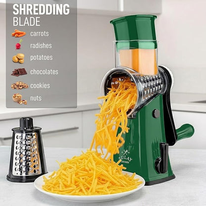 Zulay Kitchen Rotary Cheese Grater 5 Blade Cheese Shredder - Manual Hand Crank Cheese Grater With Reinforced Suction & 5 Interchangeable Drums - Easy to Use, Vegetable Chopper Round Mandoline Slicer - Image 3