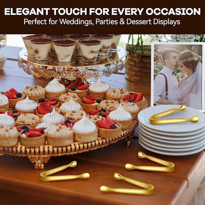 HOTEC 12-Pack Mini Sugar Tongs Stainless Steel Ice Tongs 4.3Inch Serving Tongs for Coffee Bar, Tea Party, Appetizers, Desserts, Buffet – Food-Grade & Dishwasher Safe, Gold