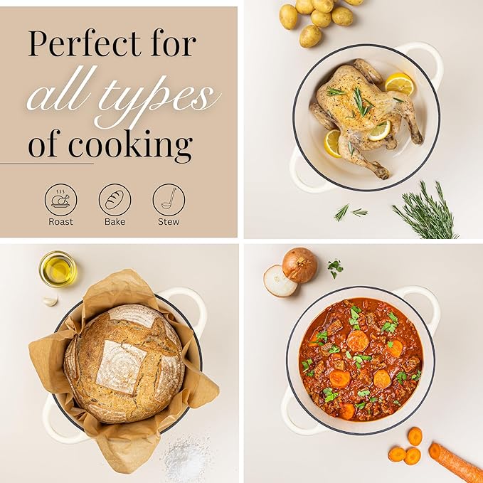 Cast Iron Pot with Lid – Non-Stick Ovenproof Enamelled Casserole Pot, Oven Safe up to 500° F – Sturdy Dutch Oven Cookware – Cream, 5-Quart, 24cm – by Nuovva - Image 7