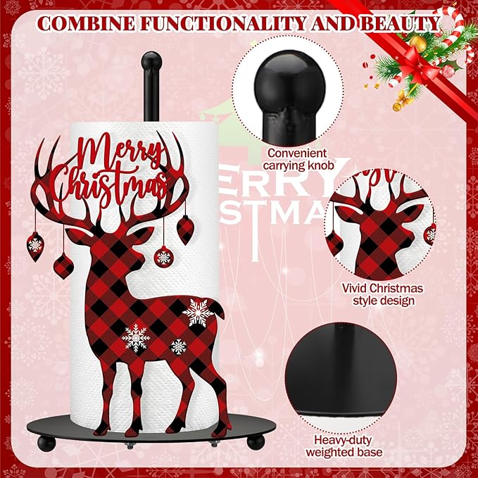 Thyle Christmas Paper Towel Holder with Round Base Reindeer Buffalo Plaid Christmas Bathroom Decor Rustic Elk Family Dispenser Kitchen Paper Holder Stand for Winter Xmas Countertop Home Accessories