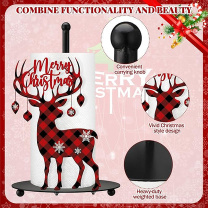 Thyle Christmas Paper Towel Holder with Round Base Reindeer Buffalo Plaid Christmas Bathroom Decor Rustic Elk Family Dispenser Kitchen Paper Holder Stand for Winter Xmas Countertop Home Accessories