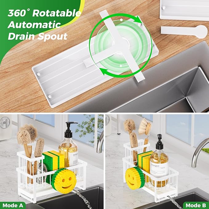 Sponge Holder for Kitchen Sink,Sink Caddy with Removable Dish Brush Holder,Self-Draining Kitchen Countertop Organizers and Storage Essentials,Soap Dispenser Organize and Home Decor-White - Image 4
