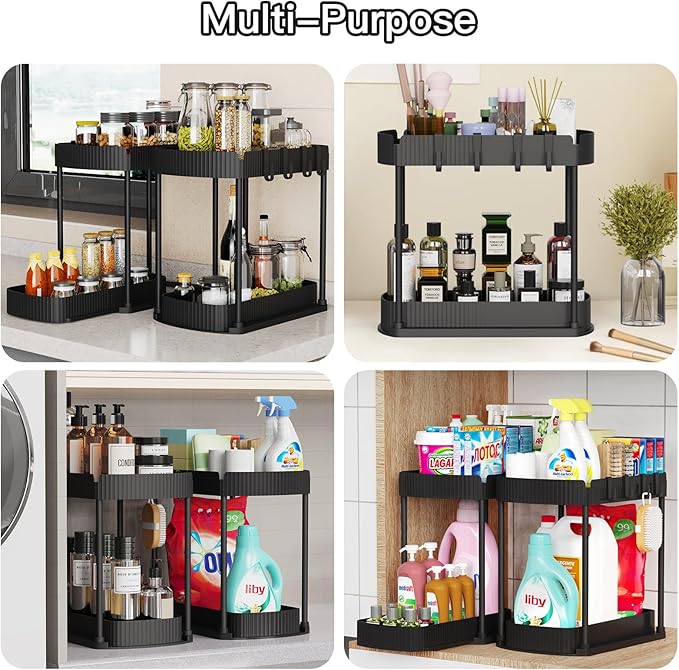 Ukeetap Multi-Purpose Pull-Out Storage Organizers, Under Sink/Cabinet Organizers and Storage for Bathroom & Kitchen, Black, 12.8 Inches, 2 Packs - Image 6
