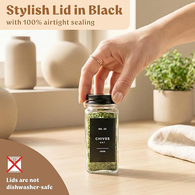 EDELHAUS Glass Spice Jars with Label and Black Aluminium Lids (24 x 4oz) Spice Containers with 240 Labels, Shaker Inserts, Steel Funnel, Empty Square Seasoning Organizer (Black Aluminium Lid) - Image 5