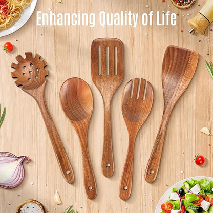 5 PCS Wooden Spoons for Cooking Natural Teak Kitchen Utensils Set Smooth Non-Stick Surface Cooking Utensils Set Soft Comfort-Grip Wooden Spatula Set - Image 8