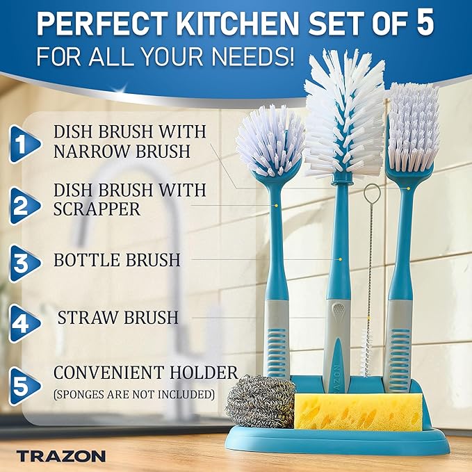 Dish Brush Set of 5 with Convenient Holder, Bottle Water Brush, Dish Scrub Brush, Scrubber Brush and Straw Brush - Kitchen Scrub Brushes Non Slip Long Handle for Sink Dishes Cup Pot - Image 2