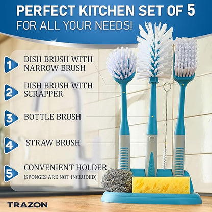 Dish Brush Set of 5 with Convenient Holder, Bottle Water Brush, Dish Scrub Brush, Scrubber Brush and Straw Brush - Kitchen Scrub Brushes Non Slip Long Handle for Sink Dishes Cup Pot - Image 2
