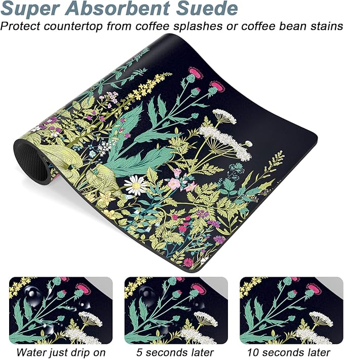 Rnivvi Coffee Mat, 16" x 24" Cute Flower Theme Coffee Bar Mats for Espresso Machine Station Accessories and Organizer, Hide Stain Rubber Backed Absorbent Dish Drying Pad for Kitchen Counter, Black - Image 3