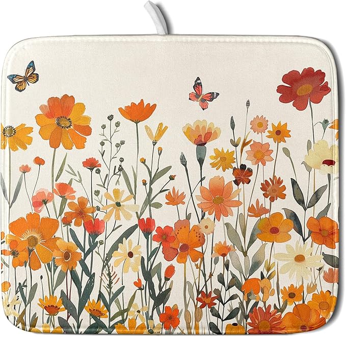Fall Orange Wildflower Dish Drying Mat for Kitchen Counter,Autumn Floral Butterflies Drying Mat 16 x 18 Inch with Absorbent Reversible Microfiber Dish Drying Pad Dish Pad for Coffee Bar by Anyako