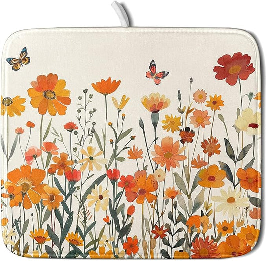 Fall Orange Wildflower Dish Drying Mat for Kitchen Counter,Autumn Floral Butterflies Drying Mat 16 x 18 Inch with Absorbent Reversible Microfiber Dish Drying Pad Dish Pad for Coffee Bar by Anyako