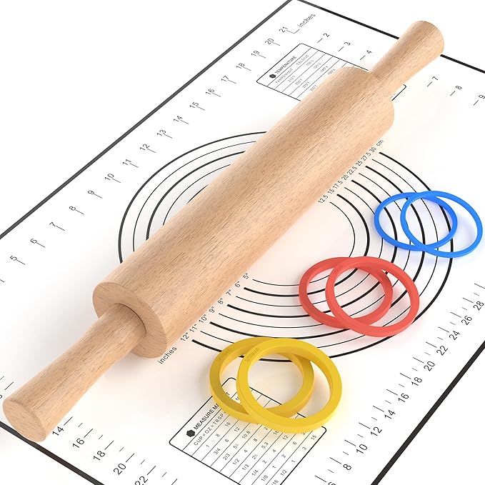Classic Wooden Rolling Pin with Handle and Pastry Mat for Fondant, Pizza, Pies, Cookies, Rolling Pin for Baking with 3 Multi-Color Thickness Rings, 17" x 2.5" Natural Beechwood by MeppleMakeYourLifeSimple
