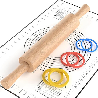 Classic Wooden Rolling Pin with Handle and Pastry Mat for Fondant, Pizza, Pies, Cookies, Rolling Pin for Baking with 3 Multi-Color Thickness Rings, 17" x 2.5" Natural Beechwood by MeppleMakeYourLifeSimple