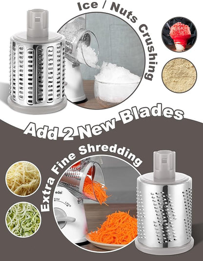 Geedel Rotary Cheese Grater Cheese Shredder - Upgraded 5-in-1 Cheese Grater with Handle and Strong Suction Base, Multi-purpose Vegetable Slicer Ice Shaver Nuts Grinder for Ice, Vegetables, Fruit, Nuts - Image 3