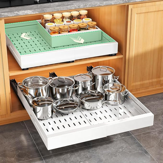 Pull out Cabinet Organizer, Expandable Width(14"-24"), Depth(13"-24") with 3 Rails, Slide Out Drawers With Raising Pad for Framed Cabinets, Fixed with Adhesive Film for Cabinets in Kitchen, White by Kitstorack