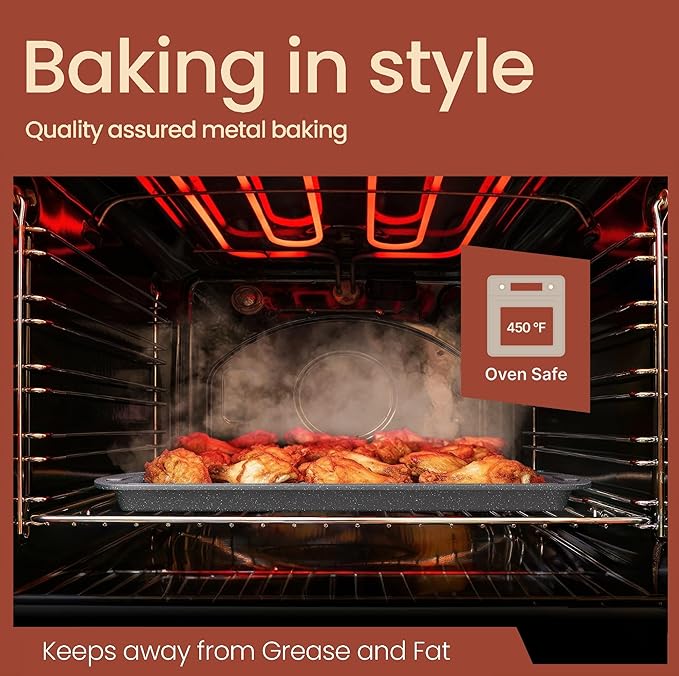 Cookie Sheet with Wire Rack Set, 2-Piece Nonstick Gray Marble Carbon Steel Pan & Cooling Rack, Space-Saving Stackable Set, PFOA, PFOS, PTFE Free, Oven Safe Up to 450°F, 17.4" Pan & 14.7" Rack - Image 6