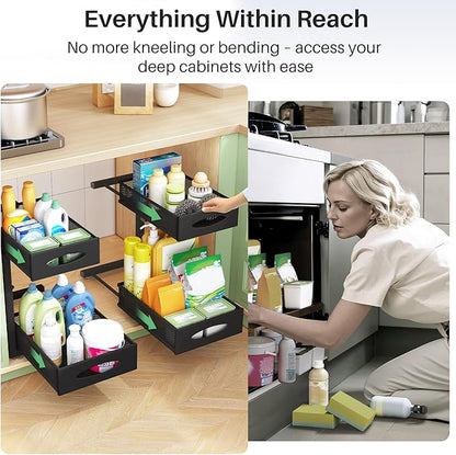 Under Sink Organizer, 2 Pack 2 Tier Pull out Cabinet Organizer Baskets with Mesh Sliding Drawers, Slide out Sink Storage Shelves for Home, Kitchen, Bathroom, Pantry, Office Organizers and Storag,Black - Image 7