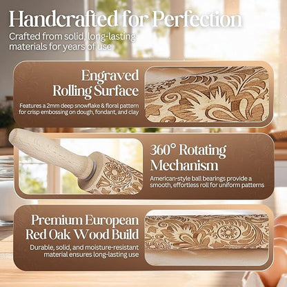Flexzion Embossed Rolling Pins with Patterns for Baking, 7.7-inch Engraved Wooden Rolling Pin with Snowflake Flower Pattern Rolling Pin for Baking Pastry Pizza Dough Fondant Cookie Pie Crust Pasta