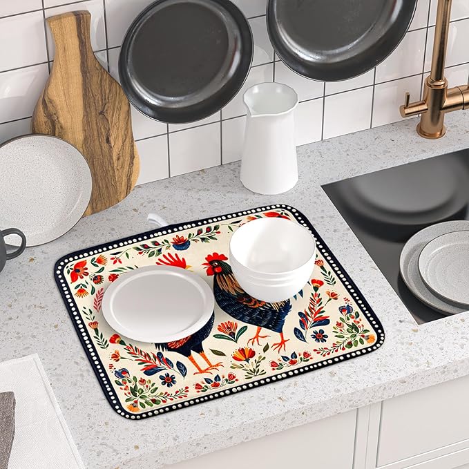 Roosters Chicken Dish Drying Mat for Kitchen Counter Absorbent Microfiber Drying Pad 16 x18 In - Image 6