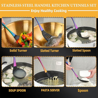 Kitchen Utensils Set, Large Non-stick Silicone Cooking Utensils Set 6 Pcs,Made of 446°F Heat Resistant Food Grade Silicone and Stainless Steel Handles,Easy to Clean Kitchen Gadgets Set (Silver)