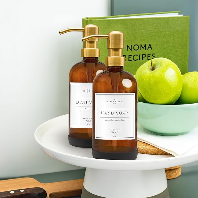 Vine Creations Amber Glass Soap Dispenser, 2 Pack Kitchen Soap Dispenser Set with Stainless Steel Pump, 16 oz Dish Soap and Hand Soap Dispensers for Bathroom with Waterproof Labels - Image 8