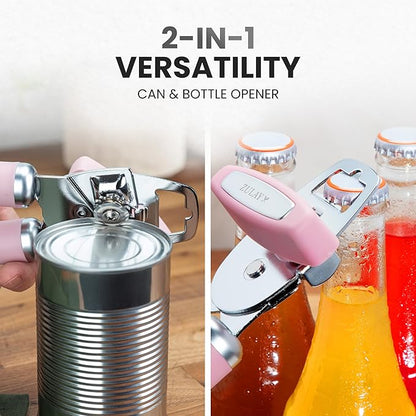Zulay Kitchen Heavy Duty Stainless Steel Can Opener Manual with Bottle Opener - Rust Proof Manual Can Opener With Turn Knob & Comfy Soft Grip Handles - Pink - Image 7