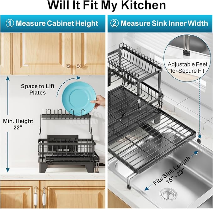 GSlife Large 2 Tier Dish Drying Rack, Expandable Heavy-Duty Dish Rack for Kitchen Counter, Rust-Resistant Dish Drainer with Utensil & Cup Holder, Auto-Drain, 16.9" W x 14.4"-22.4" L, Black - Image 6
