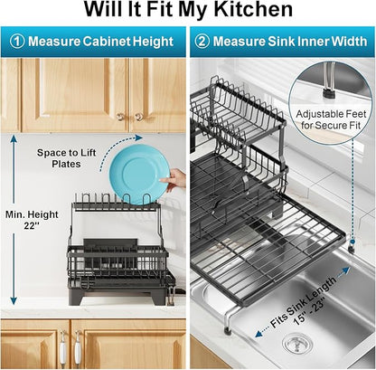 GSlife Large 2 Tier Dish Drying Rack, Expandable Heavy-Duty Dish Rack for Kitchen Counter, Rust-Resistant Dish Drainer with Utensil & Cup Holder, Auto-Drain, 16.9" W x 14.4"-22.4" L, Black - Image 6