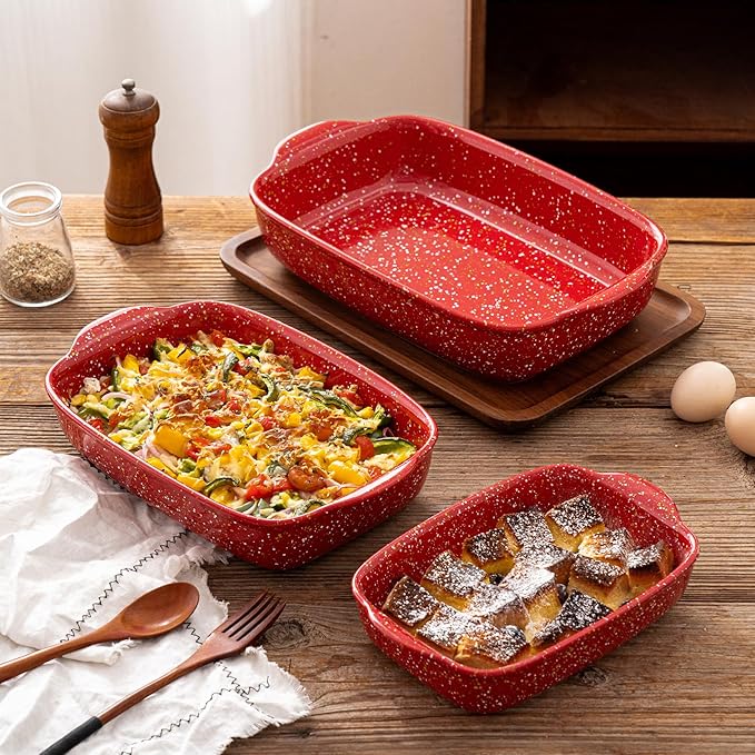3-Pack Ceramic Lasagna Pan,Heavy-Duty Rectangular Baking Dishes, High Heat Resistant Oven-Safe Stoneware Casserole with Handles,Home Baking,Speckle Series(13.8''/12''/9.6'' Red) - Image 5