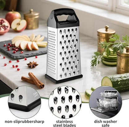 Cheese Grater, 9 IN Size 4-Sided Stainless Steel Grater, Food Shredder for Cheese, Parmesan, Vegetable, Dishwasher Safe, Black - Image 3