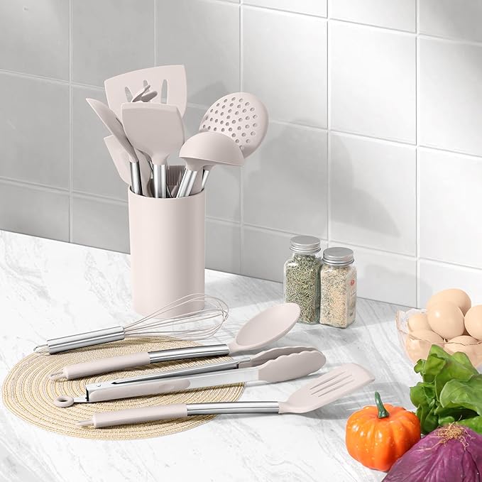 LIANYU 15 Pcs Kitchen Cooking Utensils Set with Holder, Silicone Kitchen Tools with Stainless Steel Handle, Heat Resistant Gadgets, Brush Spatula Spoon Whisk for Cookware, Dishwasher Safe, Khaki - Image 8