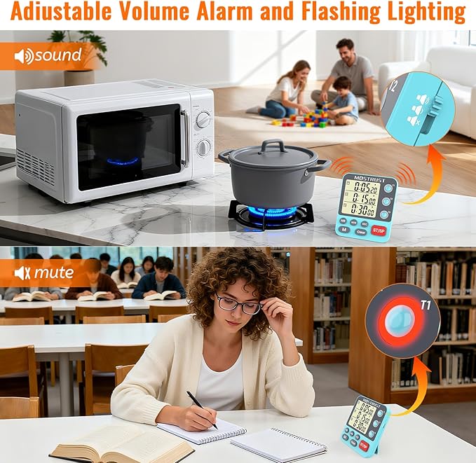 Digital Dual Kitchen Timer, 3 Channels Countdown Triple Timer for Cooking, Magnetic Memory-Preset Large-Display Adjustable Alarm Volume, Multi Times Management, 3A Battery Included, Blue - Image 3