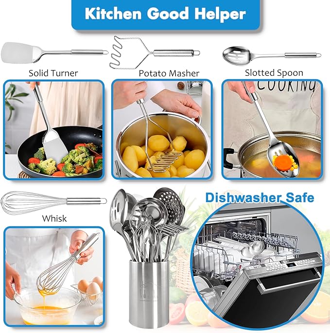 Cooking Utensils Set 11pcs - Stainless Steel Kitchen Utensils Set with Holder, Heat Resistant Kitchen Utensils Sets for Cooking with Turners, Potato Masher, Skimmer, Spoons, Ladle, Tongs, Whisk - Image 9