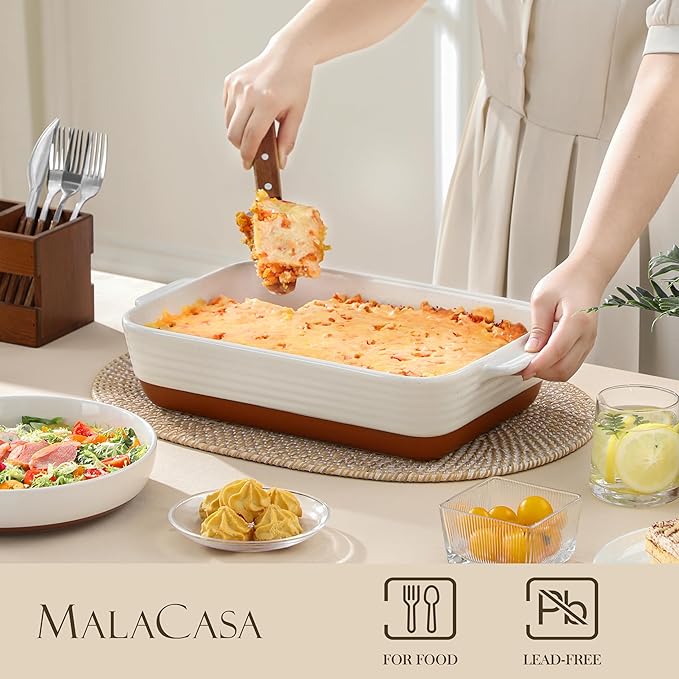 MALACASA Baking Dish with Rack, 4.8 Qt Ceramic Roasting Pan with Stainless Steel Drip Rack, 9x13 Inch Deep Casserole Dish with Handles, Oven Safe Lasagna Pan for Baking & Serving (Khaki & White) - Series Tara - Image 3