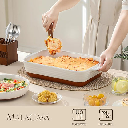 MALACASA Baking Dish with Rack, 4.8 Qt Ceramic Roasting Pan with Stainless Steel Drip Rack, 9x13 Inch Deep Casserole Dish with Handles, Oven Safe Lasagna Pan for Baking & Serving (Khaki & White) - Series Tara - Image 3