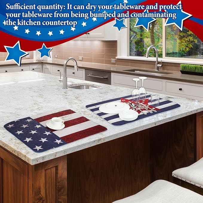 SiliFine 2 Pcs 4th of July Dish Drying Mat for Kitchen 18 x 24 Inch 250th Anniversary Patriotic Red White Blue Memorial Independence Day Star Microfiber American Flag Dish Drainer Mat for Countertop