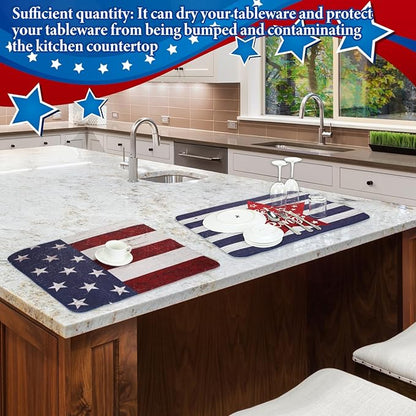 SiliFine 2 Pcs 4th of July Dish Drying Mat for Kitchen 18 x 24 Inch 250th Anniversary Patriotic Red White Blue Memorial Independence Day Star Microfiber American Flag Dish Drainer Mat for Countertop