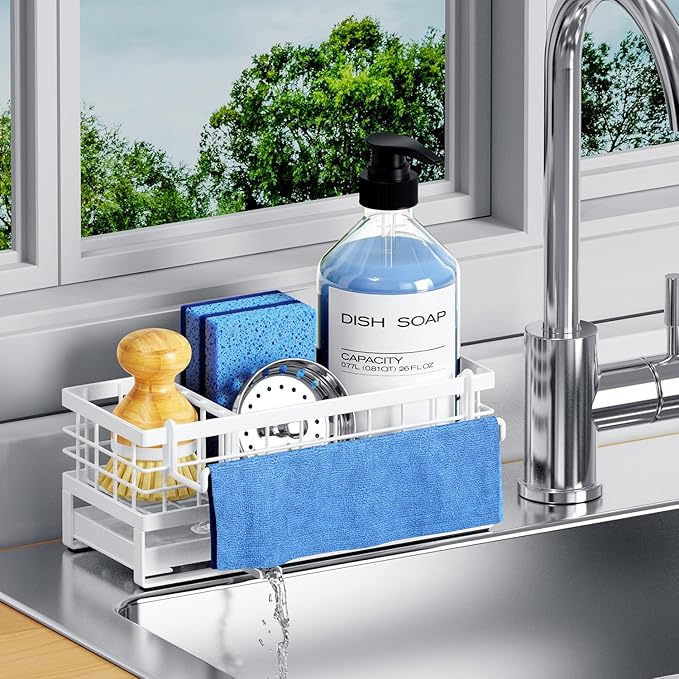 Kitchen Sink Sponge Holder - Self-Draining, Detachable Dish Cloth Holder, Rustproof Kitchen Countertop Organizer (White) by DYFVRENKITCHENLIFE