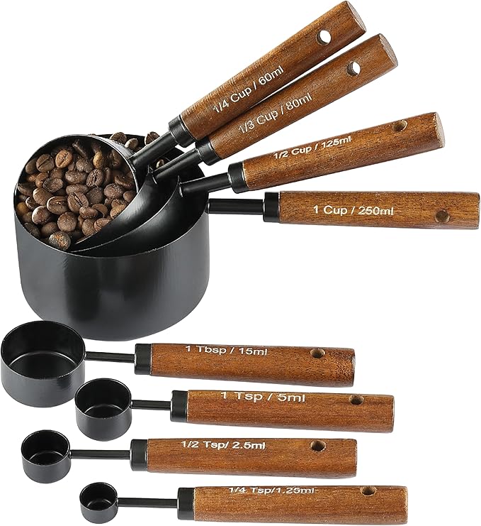 8PCS Measuring Cups and Spoons Set, DV Stainless Steel Measuring Cups with Ergonomic Wooden Handle for Cooking & Baking - Image 9