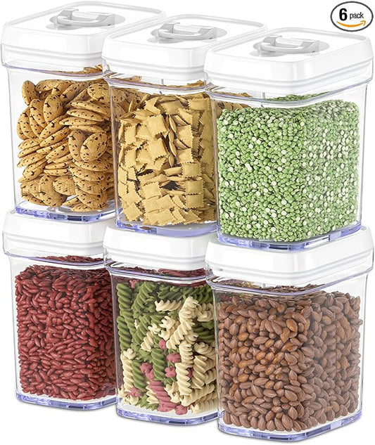 DWËLLZA KITCHEN Airtight Food Storage Containers for Pantry With White Lids 1L - 6 Pack - Clear Plastic Air Tight Kitchen Containers Pantry Organization and Storage BPA-Free Keeps Food Fresh & Dry