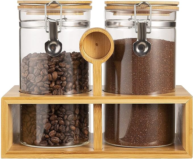 Yangbaga Ground Coffee Storage Container with Shelf, 2×45OZ Glass Coffee and Sugar Container Set, Coffee Canisters with Airtight Lids and Scoop, Food Storage Jars for Kitchen,Nuts,Tea,Sugar by Hanber
