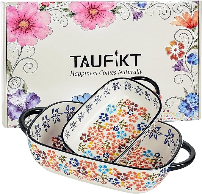 Ceramic Casserole Dishes for Oven, Hand-painted Polish Pottery Baking Dish Set of 2, 0.8QT / 2QT Porcelain Casserole Dish with Handles, Baking Pan Lasagna Pan, Gift for Family/Friend (Yellow) by TAUFIKT