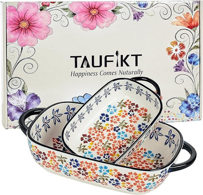 Ceramic Casserole Dishes for Oven, Hand-painted Polish Pottery Baking Dish Set of 2, 0.8QT / 2QT Porcelain Casserole Dish with Handles, Baking Pan Lasagna Pan, Gift for Family/Friend (Yellow) by TAUFIKT