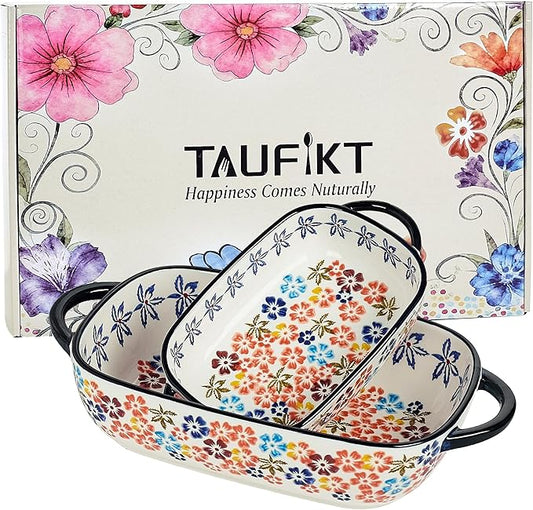 Ceramic Casserole Dishes for Oven, Hand-painted Polish Pottery Baking Dish Set of 2, 0.8QT / 2QT Porcelain Casserole Dish with Handles, Baking Pan Lasagna Pan, Gift for Family/Friend (Yellow) by TAUFIKT