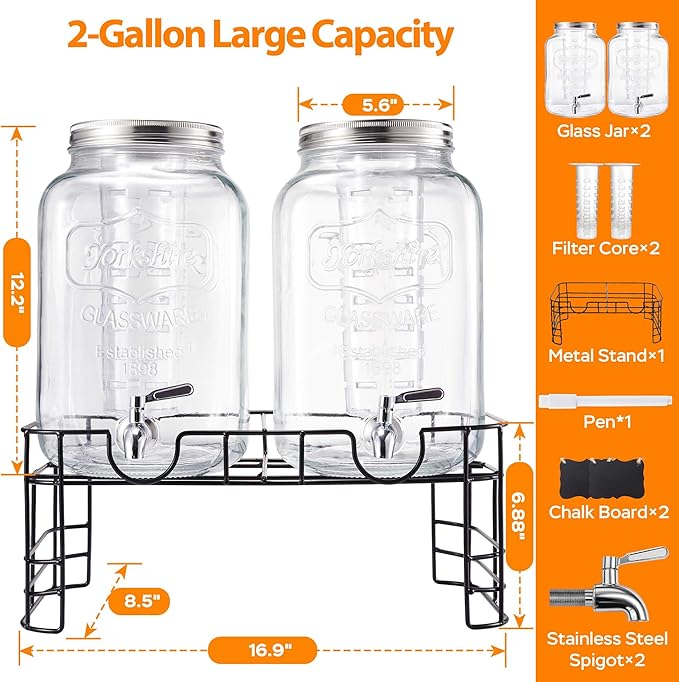 2 Gallon Large Glass Drink Dispenser Set, 2 Pack Beverage Dispensers with Stand & 18/8 Stainless Steel Spigot, Leakproof for Lemonade, Sun Tea & Iced Tea - Image 2