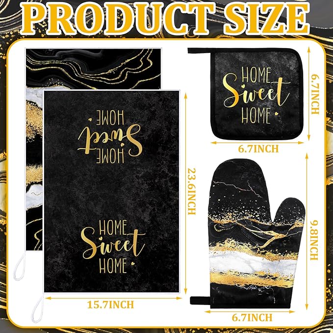 Leinuosen 8 Pcs Black Marble Kitchen Decor Dish Towels and Oven Mitts Sets Pot Holders and Dishcloths Farmhouse Kitchen Accessories Decorative Set for Chef Baking Cooking Daughter Mom Gift