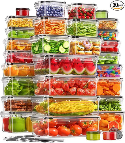 KEMETHY 60 PCS Food Storage Containers with Lids, BPA-Free Plastic Food Containers for Kitchen Storage, Leak Proof, Reusable Meal Prep Containers with Labels & Pen by KEMETHYFocusesonCreatingEfficientStorageProductswithQualityMaterials