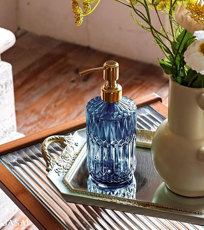 JASAI 18Oz Blue Glass Soap Dispenser with Golden Pump, Refillable Bathroom soap Dispenser with Thick Glass, Clear Kitchen Soap Dispenser for Dish Soap, Hand soap, Lotion.(Blue) - Image 3