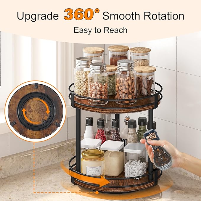 Snughome Rotating Spice Rack, 2 Tier Lazy Susan Organizer, Wood Kitchen Countertop Organizer, Brown Lazy Susan Turntable for Cabinet, 10.2" x 10.2" x 10.4" - Image 3