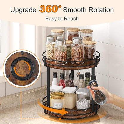 Snughome Rotating Spice Rack, 2 Tier Lazy Susan Organizer, Wood Kitchen Countertop Organizer, Brown Lazy Susan Turntable for Cabinet, 10.2" x 10.2" x 10.4" - Image 3